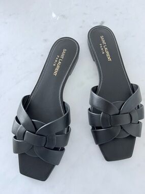 Saint Laurent Black Leather Tribute Flat Slide Sandals -7.5